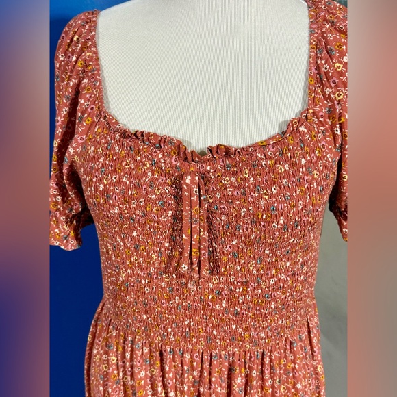 AUW Dresses & Skirts - AUW Floral Smocked Mini Dress - Rust and Mustard